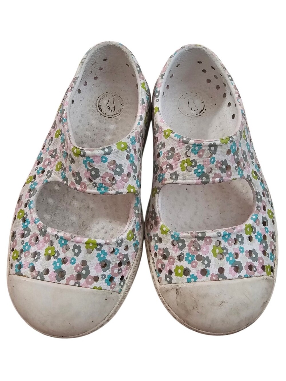 Native Kids Floral Mary Jane Shoes - White with Pink, Blue & Green Flowers
